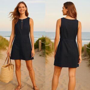 Tory Burch Navy High-End Linen Designer Resortwear Luxury Zip Dress Size 8